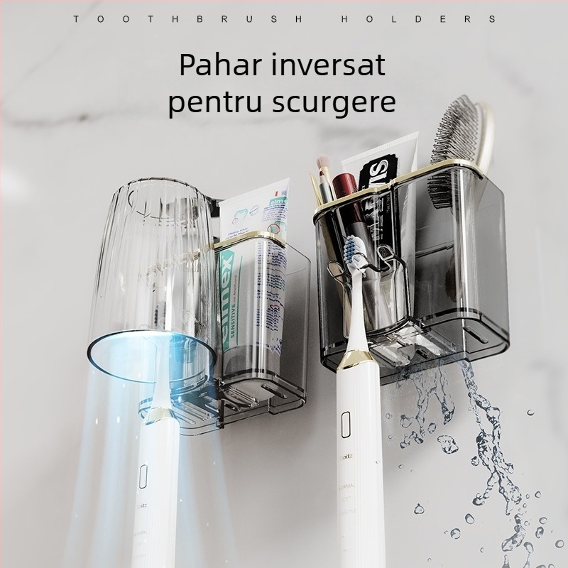 Raft montat pe perete pentru periuțe de dinți, fără găuri, cu suport de uscare pentru pahare — organizator de baie din plastic