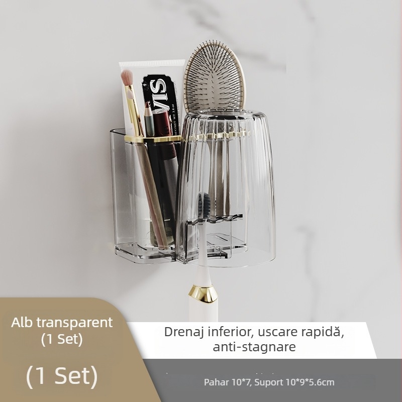 Raft montat pe perete pentru periuțe de dinți, fără găuri, cu suport de uscare pentru pahare — organizator de baie din plastic