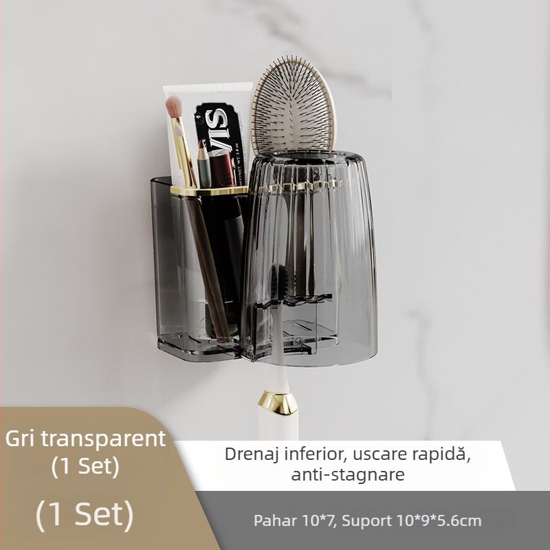 Raft montat pe perete pentru periuțe de dinți, fără găuri, cu suport de uscare pentru pahare — organizator de baie din plastic