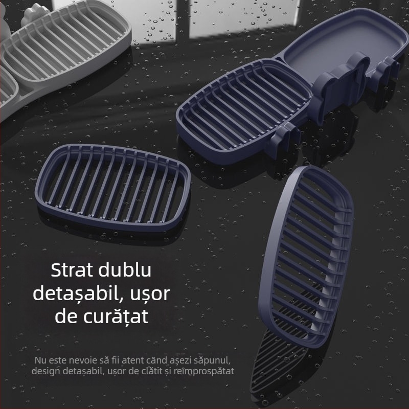 Cutie de săpun creativă, cu două etaje, fără găuri, montată pe perete, lucrată manual, cu drenaj și ventuză pentru baie