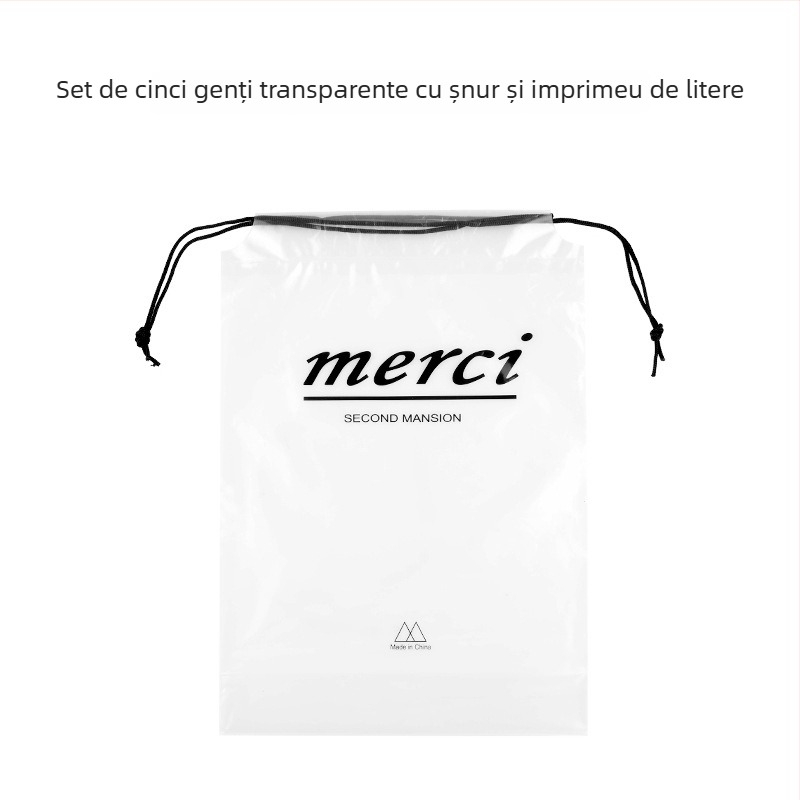 Set de 5 genți transparente din PVC, impermeabile, pentru călătorii, cu șnur; organizare pentru pantofi, lenjerie, cosmetică și alte obiecte