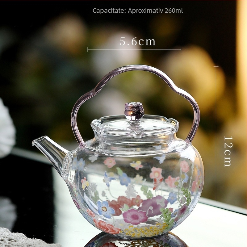 Set de ceai Kung Fu din sticlă rezistentă la temperatură, cu mâner, ceainic cu model floral, bol cu capac în trei părți, cești de ceai verde, ceașcă de degustare și ceașcă de servire