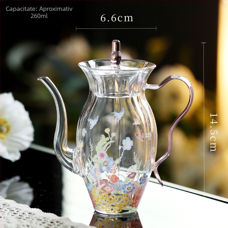 Set de ceai Kung Fu din sticlă rezistentă la temperatură, cu mâner, ceainic cu model floral, bol cu capac în trei părți, cești de ceai verde, ceașcă de degustare și ceașcă de servire