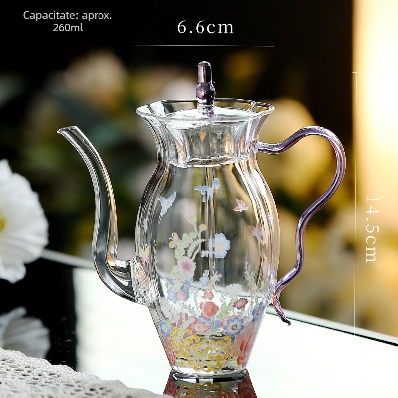 Set de ceai Kung Fu din sticlă rezistentă la temperatură, cu mâner, ceainic cu model floral, bol cu capac în trei părți, cești de ceai verde, ceașcă de degustare și ceașcă de servire
