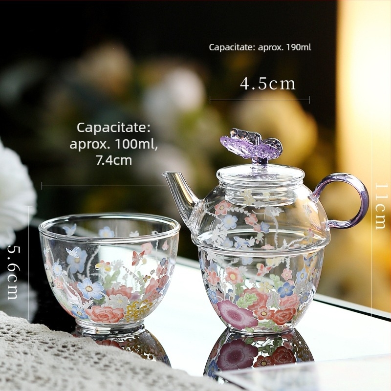 Set de ceai Kung Fu din sticlă rezistentă la temperatură, cu mâner, ceainic cu model floral, bol cu capac în trei părți, cești de ceai verde, ceașcă de degustare și ceașcă de servire