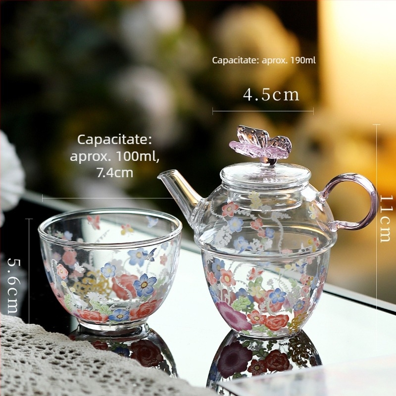 Set de ceai Kung Fu din sticlă rezistentă la temperatură, cu mâner, ceainic cu model floral, bol cu capac în trei părți, cești de ceai verde, ceașcă de degustare și ceașcă de servire