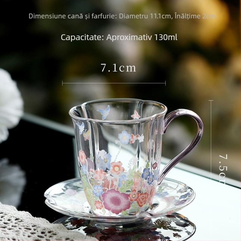 Set de ceai Kung Fu din sticlă rezistentă la temperatură, cu mâner, ceainic cu model floral, bol cu capac în trei părți, cești de ceai verde, ceașcă de degustare și ceașcă de servire