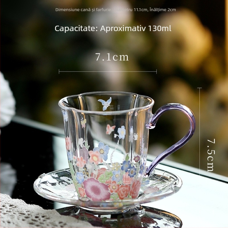 Set de ceai Kung Fu din sticlă rezistentă la temperatură, cu mâner, ceainic cu model floral, bol cu capac în trei părți, cești de ceai verde, ceașcă de degustare și ceașcă de servire