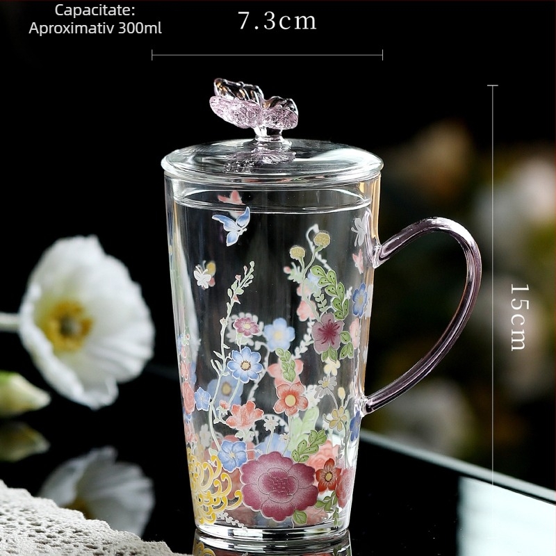 Set de ceai Kung Fu din sticlă rezistentă la temperatură, cu mâner, ceainic cu model floral, bol cu capac în trei părți, cești de ceai verde, ceașcă de degustare și ceașcă de servire