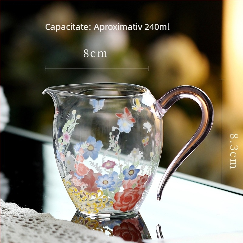 Set de ceai Kung Fu din sticlă rezistentă la temperatură, cu mâner, ceainic cu model floral, bol cu capac în trei părți, cești de ceai verde, ceașcă de degustare și ceașcă de servire