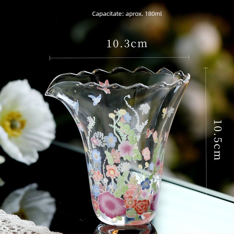 Set de ceai Kung Fu din sticlă rezistentă la temperatură, cu mâner, ceainic cu model floral, bol cu capac în trei părți, cești de ceai verde, ceașcă de degustare și ceașcă de servire