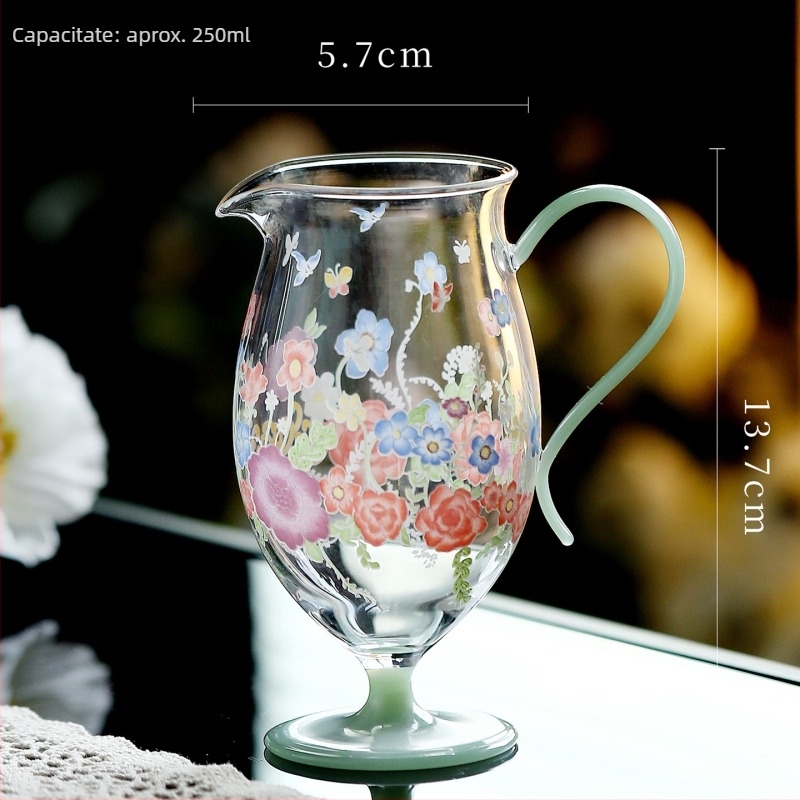 Set de ceai Kung Fu din sticlă rezistentă la temperatură, cu mâner, ceainic cu model floral, bol cu capac în trei părți, cești de ceai verde, ceașcă de degustare și ceașcă de servire