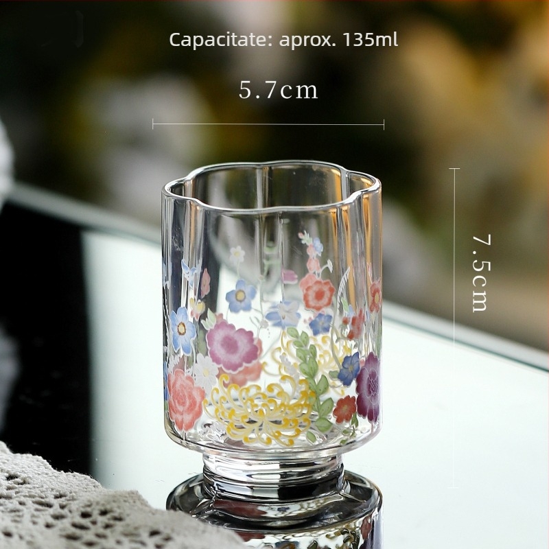 Set de ceai Kung Fu din sticlă rezistentă la temperatură, cu mâner, ceainic cu model floral, bol cu capac în trei părți, cești de ceai verde, ceașcă de degustare și ceașcă de servire