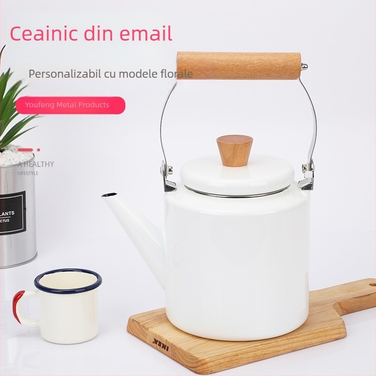 Ceainic emailat cu mâner din lemn, capacitate 2L, design modern și simplu