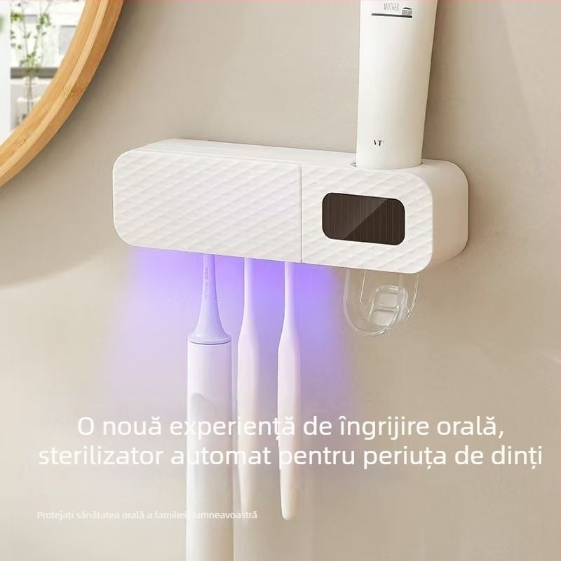 Suport inteligent pentru periuța de dinți cu sterilizare UV, activare automată, prindere cu ventuză, fără găuri