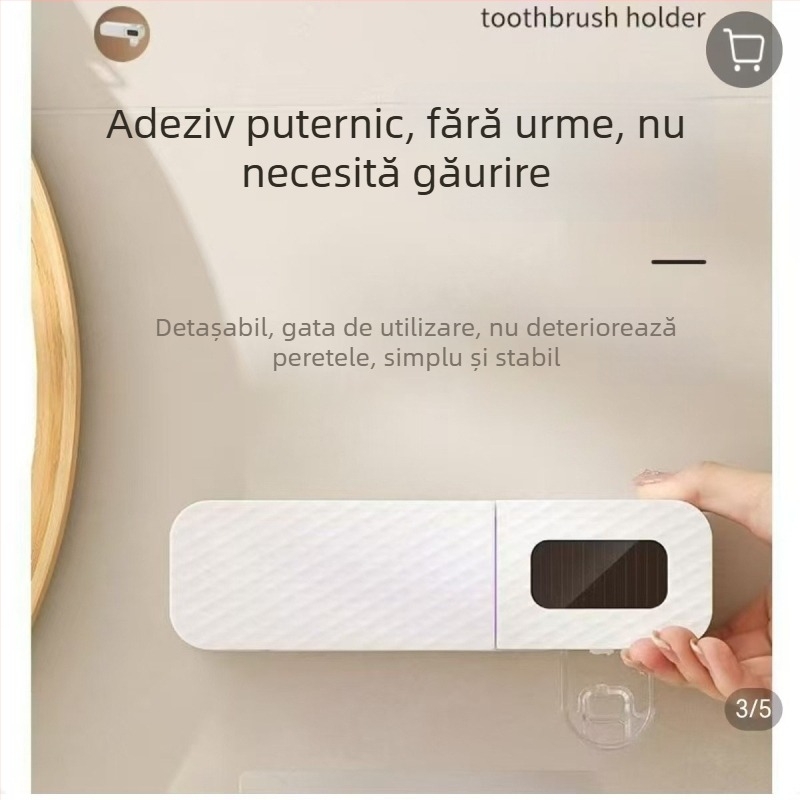 Suport inteligent pentru periuța de dinți cu sterilizare UV, activare automată, prindere cu ventuză, fără găuri