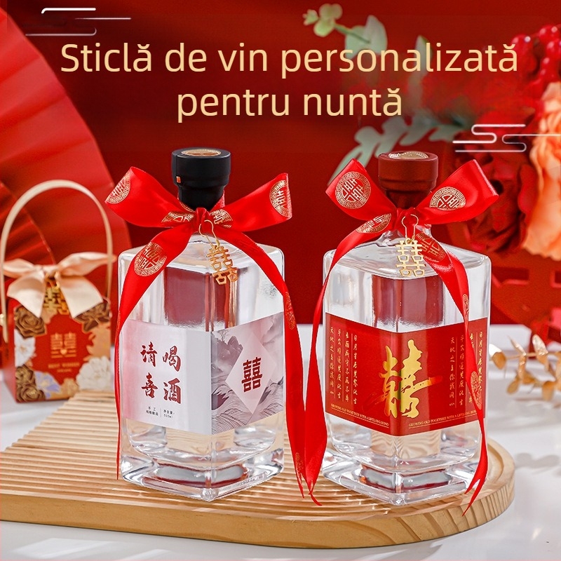 Sticle goale din sticlă cristalină pentru nuntă, capacitate 0,5 kg, transparente cu etichete, ambalaj premium, set sticle de băutură