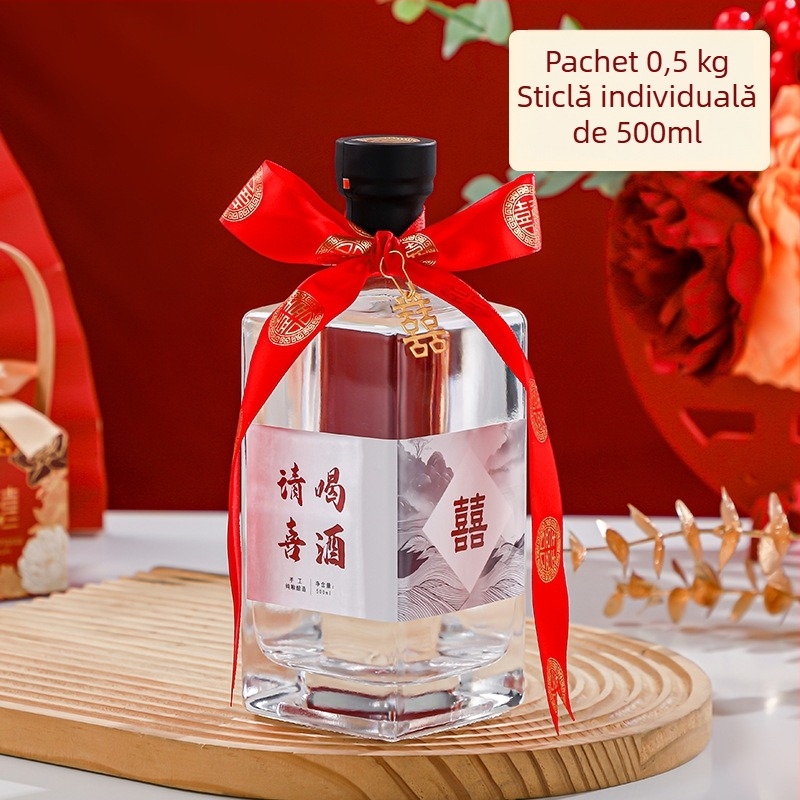 Sticle goale din sticlă cristalină pentru nuntă, capacitate 0,5 kg, transparente cu etichete, ambalaj premium, set sticle de băutură