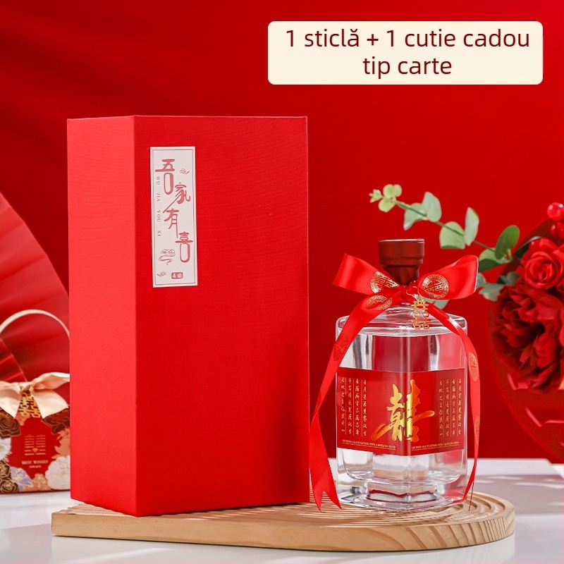 Sticle goale din sticlă cristalină pentru nuntă, capacitate 0,5 kg, transparente cu etichete, ambalaj premium, set sticle de băutură