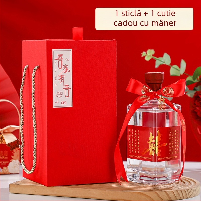 Sticle goale din sticlă cristalină pentru nuntă, capacitate 0,5 kg, transparente cu etichete, ambalaj premium, set sticle de băutură