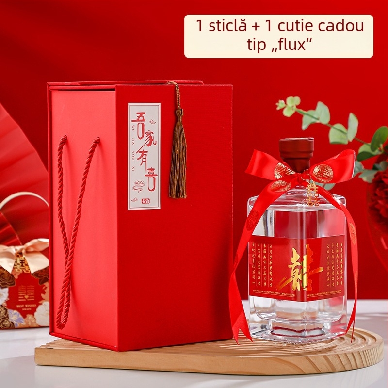 Sticle goale din sticlă cristalină pentru nuntă, capacitate 0,5 kg, transparente cu etichete, ambalaj premium, set sticle de băutură