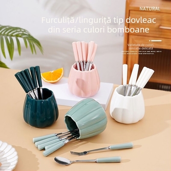 Set de fructe din ceramică, cu furculițe și linguri din oțel inoxidabil, cu recipient de depozitare – bețișoare pentru fructe pentru uz casnic