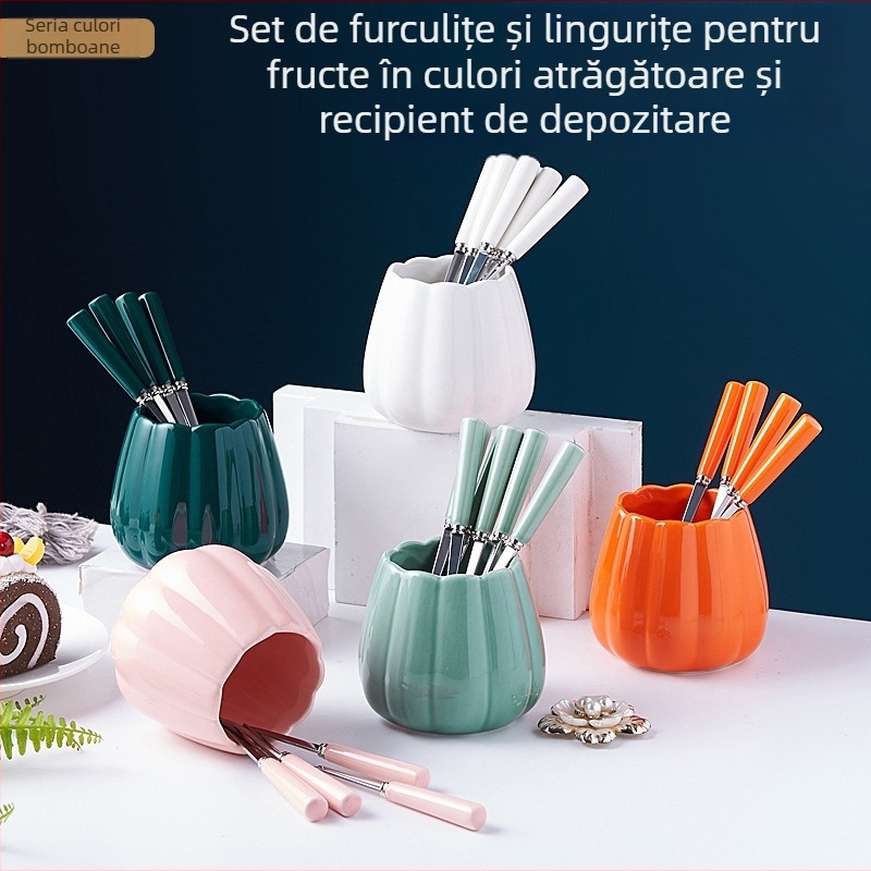 Set de fructe din ceramică, cu furculițe și linguri din oțel inoxidabil, cu recipient de depozitare – bețișoare pentru fructe pentru uz casnic