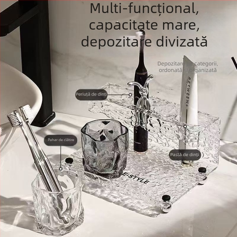 Suport metalic pentru periuțe cu sterilizare UV, 3 compartimente, include pahare pentru periuțe și apă de gură, prindere cu ventuză, baie