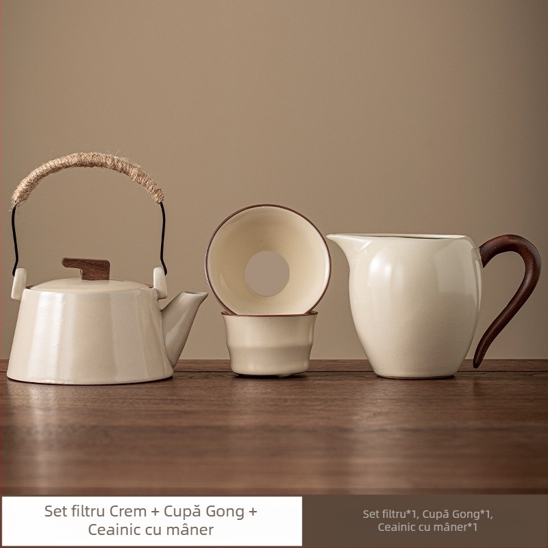 Set ceramic pentru ceai pentru uz casnic, accesorii pentru ceremonialul ceaiului în stil chinezesc: bol cu capac, ceainic și cești de servire.