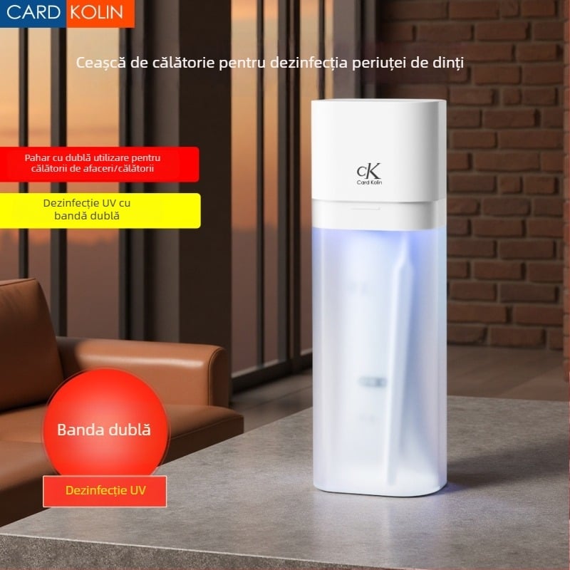 Cutie UV pentru dezinfectarea periilor de dinți, cu spațiu de depozitare și pahar de clătire – versiune pentru călătorii
