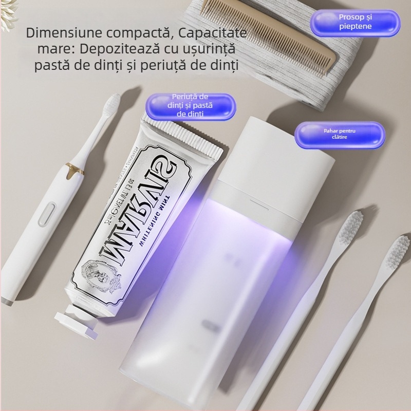 Cutie UV pentru dezinfectarea periilor de dinți, cu spațiu de depozitare și pahar de clătire – versiune pentru călătorii