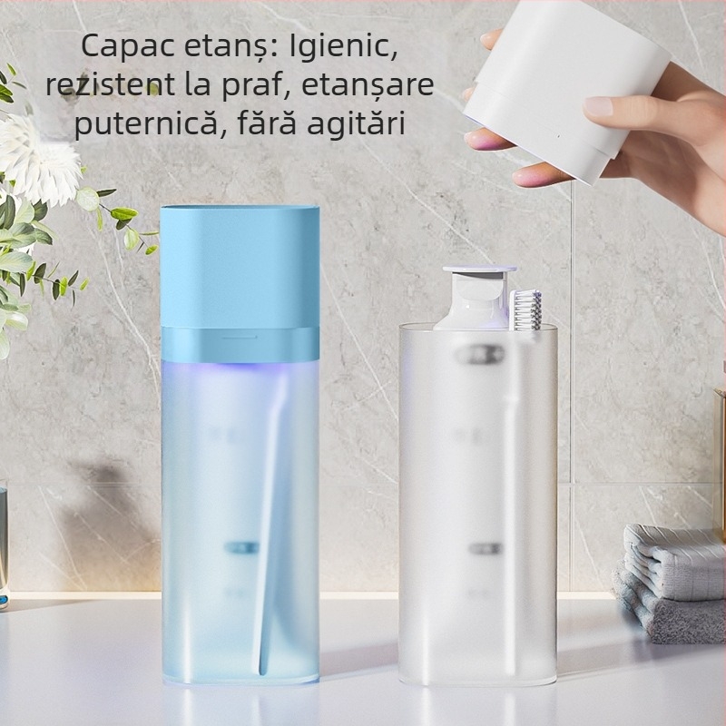 Cutie UV pentru dezinfectarea periilor de dinți, cu spațiu de depozitare și pahar de clătire – versiune pentru călătorii