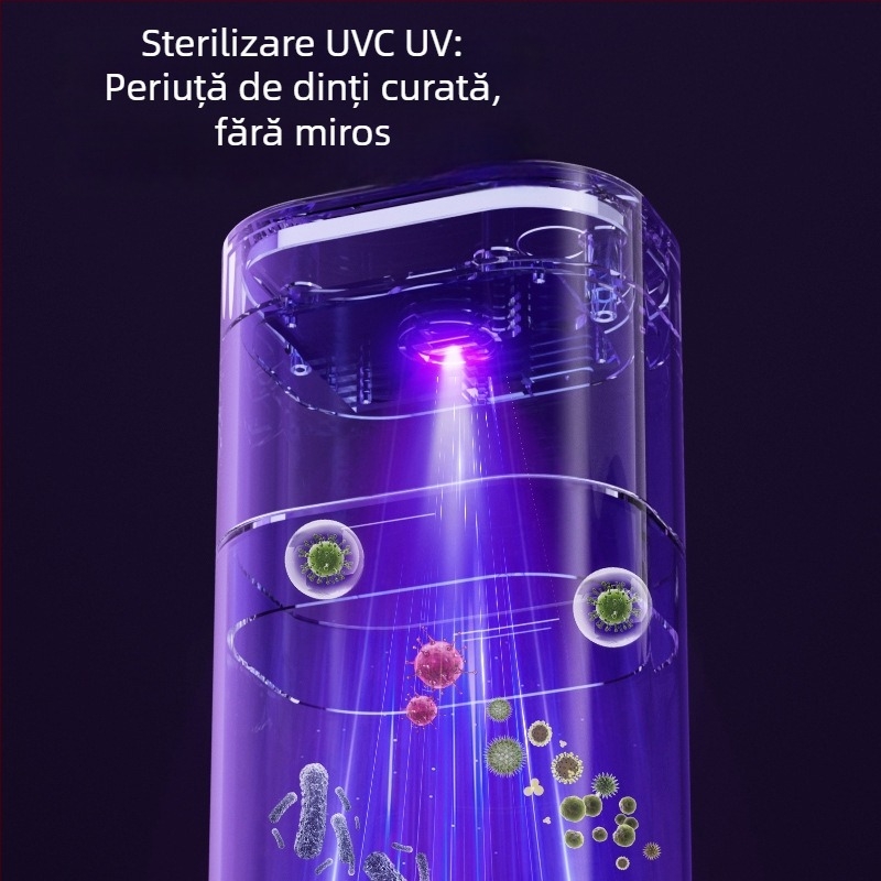 Cutie UV pentru dezinfectarea periilor de dinți, cu spațiu de depozitare și pahar de clătire – versiune pentru călătorii