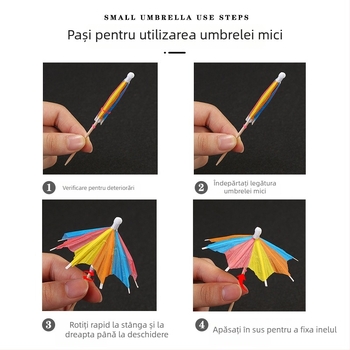 Umbrele colorate din hârtie, de unică folosință, pentru cocktailuri și platouri reci, tije din lemn, 10–18 cm, logo imprimat, personalizare disponibilă.