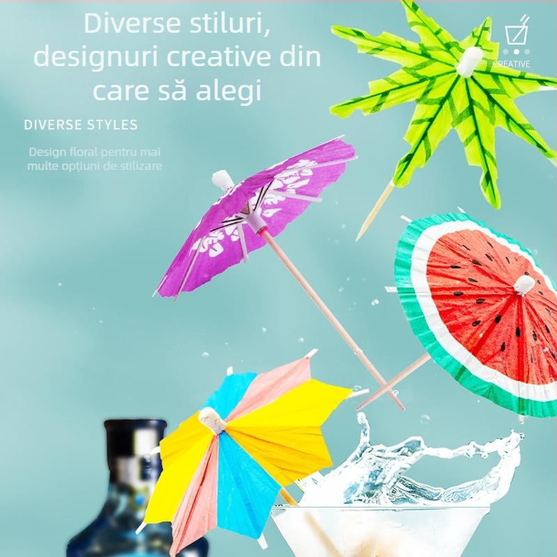 Umbrele colorate din hârtie, de unică folosință, pentru cocktailuri și platouri reci, tije din lemn, 10–18 cm, logo imprimat, personalizare disponibilă.