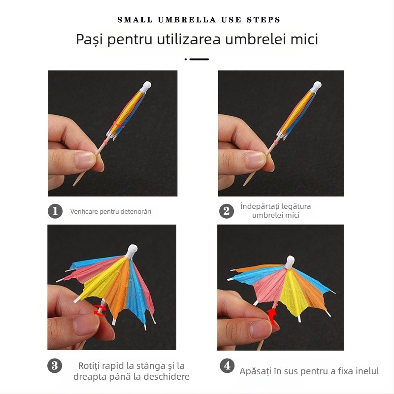 Umbrele colorate din hârtie, de unică folosință, pentru cocktailuri și platouri reci, tije din lemn, 10–18 cm, logo imprimat, personalizare disponibilă.
