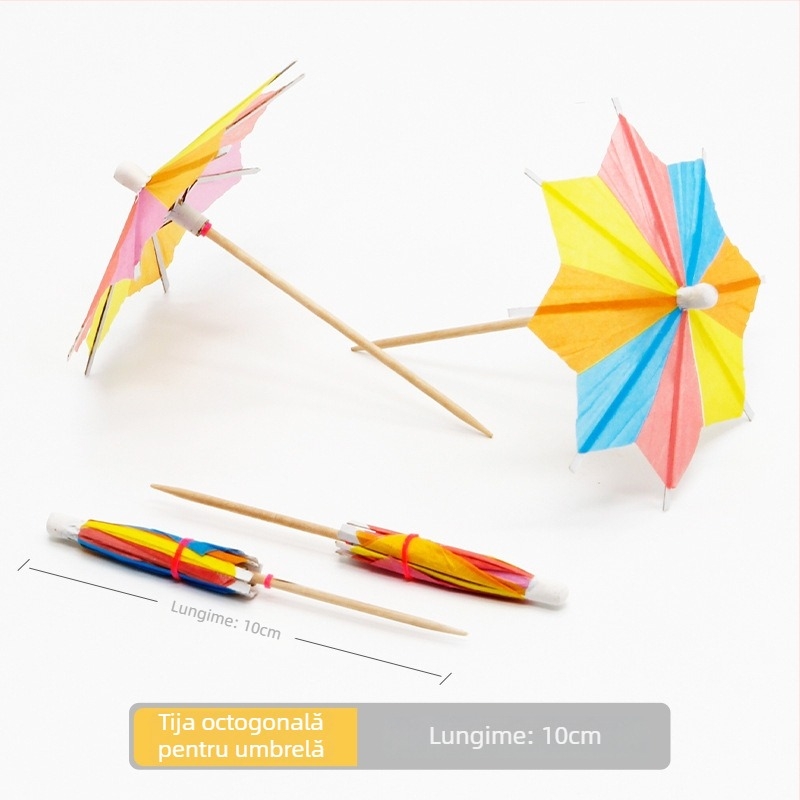 Umbrele colorate din hârtie, de unică folosință, pentru cocktailuri și platouri reci, tije din lemn, 10–18 cm, logo imprimat, personalizare disponibilă.