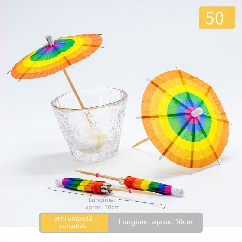 Umbrele colorate din hârtie, de unică folosință, pentru cocktailuri și platouri reci, tije din lemn, 10–18 cm, logo imprimat, personalizare disponibilă.