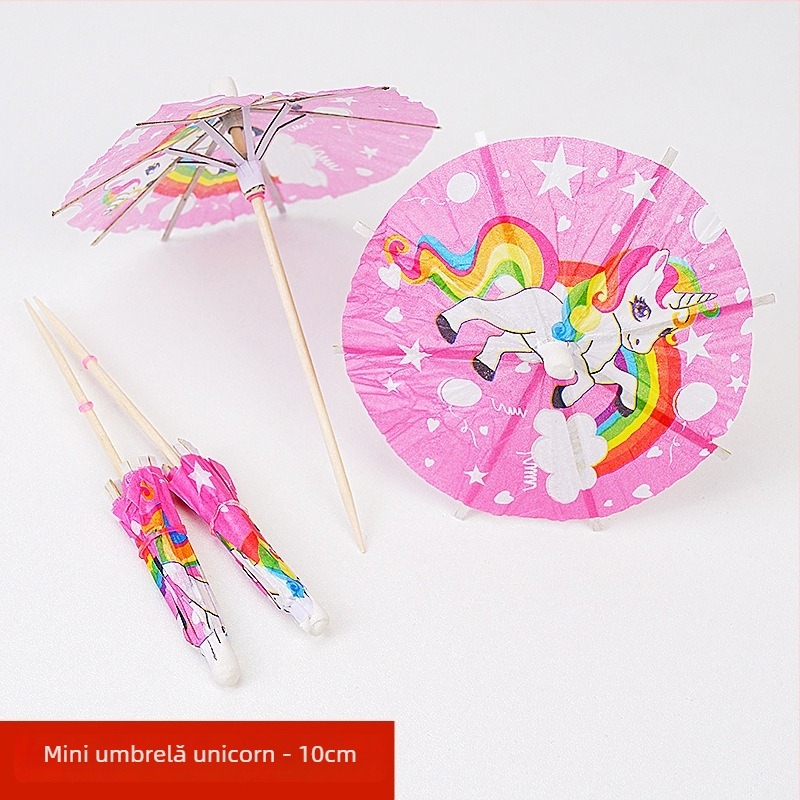 Umbrele colorate din hârtie, de unică folosință, pentru cocktailuri și platouri reci, tije din lemn, 10–18 cm, logo imprimat, personalizare disponibilă.