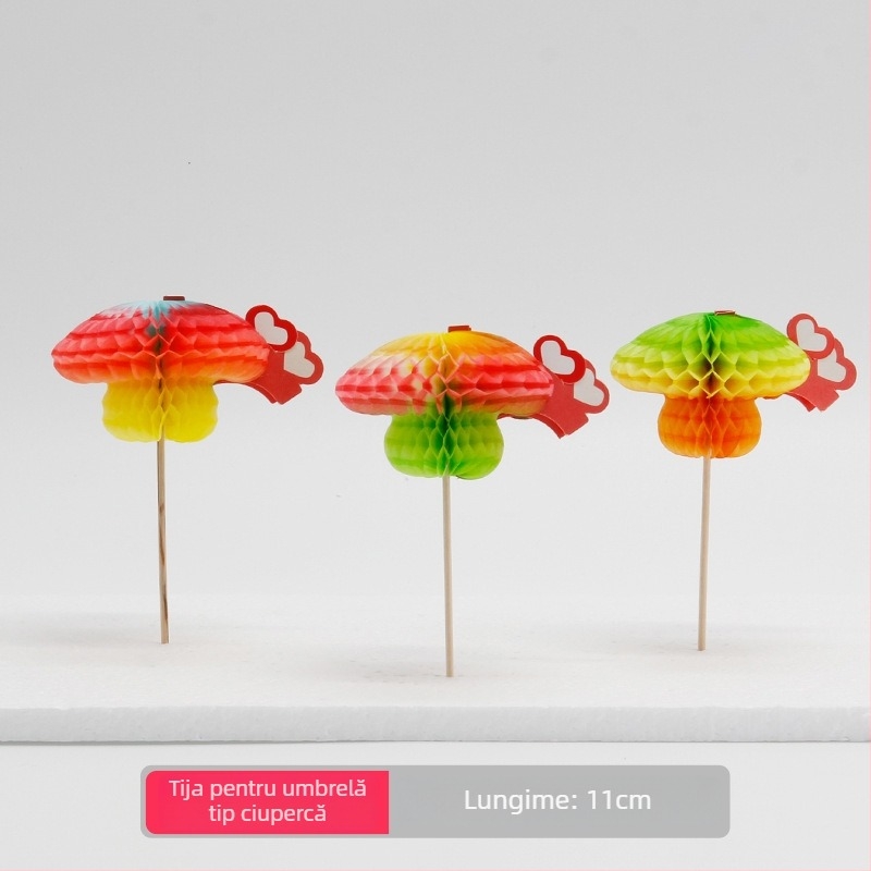 Umbrele colorate din hârtie, de unică folosință, pentru cocktailuri și platouri reci, tije din lemn, 10–18 cm, logo imprimat, personalizare disponibilă.