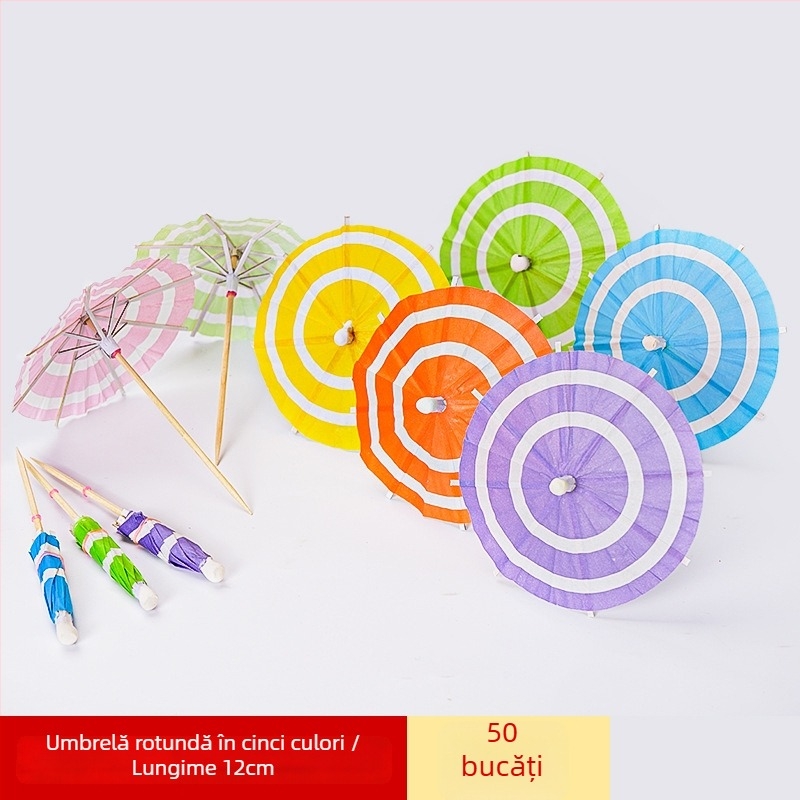 Umbrele colorate din hârtie, de unică folosință, pentru cocktailuri și platouri reci, tije din lemn, 10–18 cm, logo imprimat, personalizare disponibilă.