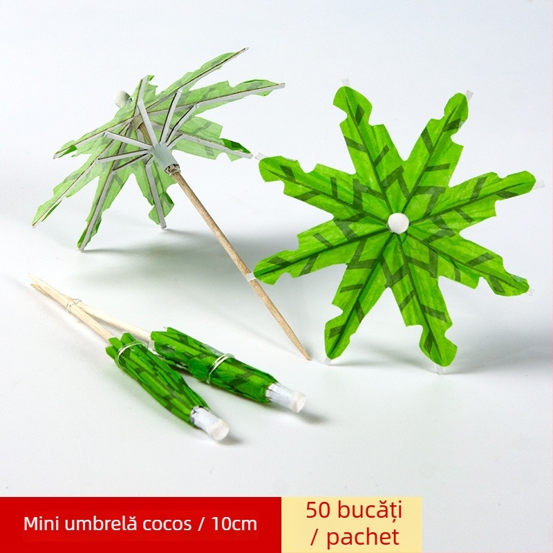 Umbrele colorate din hârtie, de unică folosință, pentru cocktailuri și platouri reci, tije din lemn, 10–18 cm, logo imprimat, personalizare disponibilă.