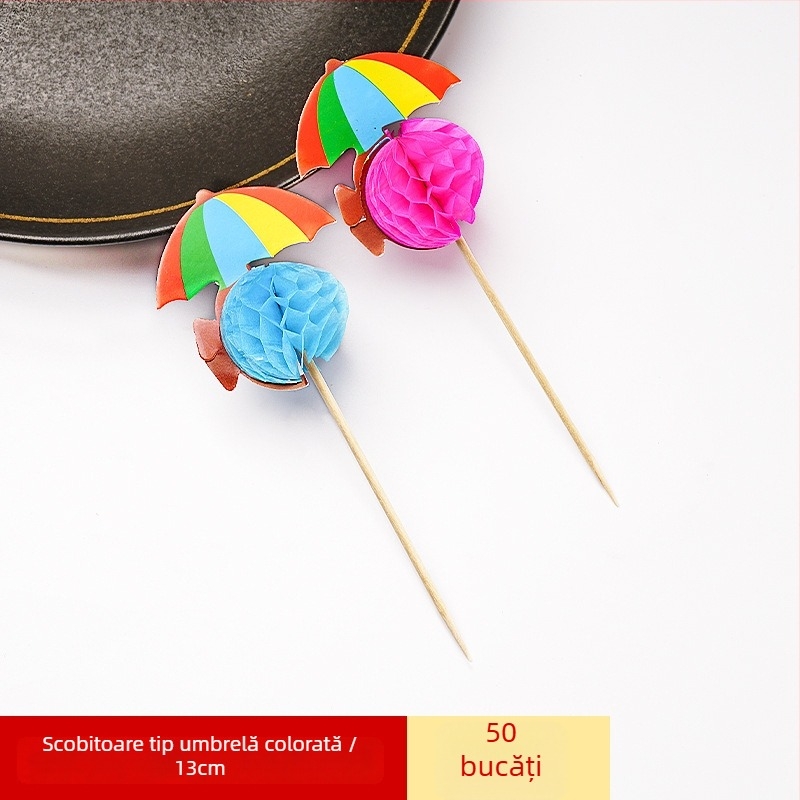 Umbrele colorate din hârtie, de unică folosință, pentru cocktailuri și platouri reci, tije din lemn, 10–18 cm, logo imprimat, personalizare disponibilă.