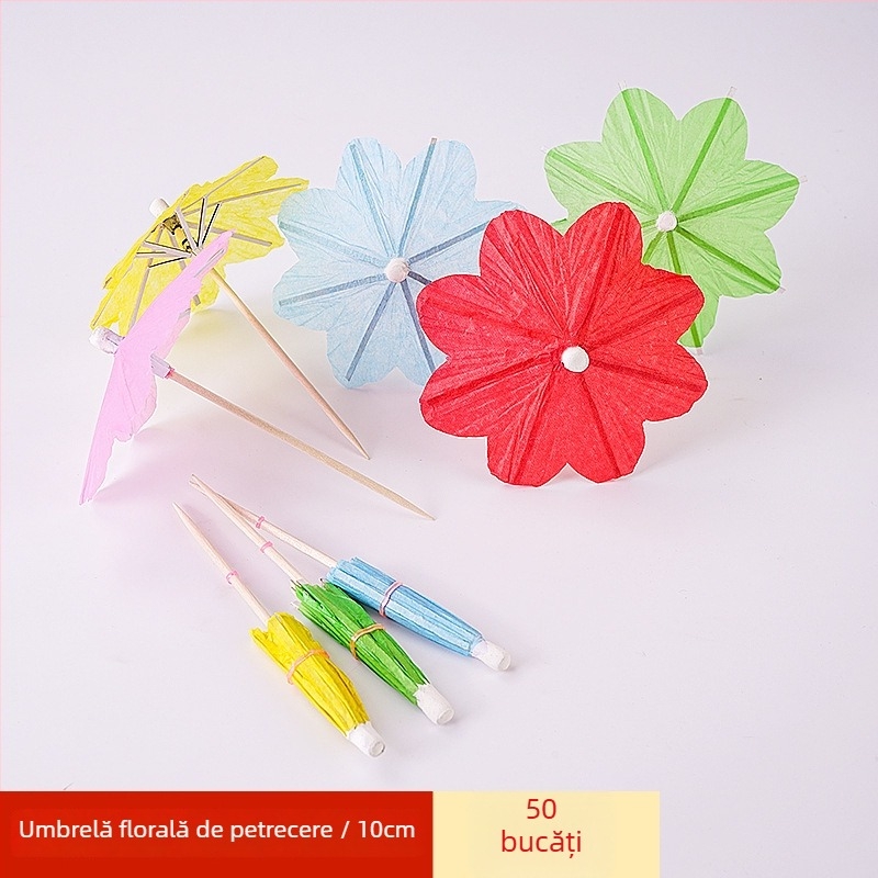 Umbrele colorate din hârtie, de unică folosință, pentru cocktailuri și platouri reci, tije din lemn, 10–18 cm, logo imprimat, personalizare disponibilă.