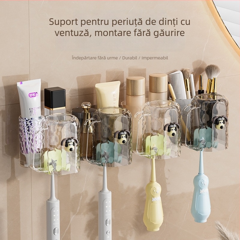 Suport de periuțe cu ventuză, montat pe perete — fără găuri, organizator simplu pentru pahare
