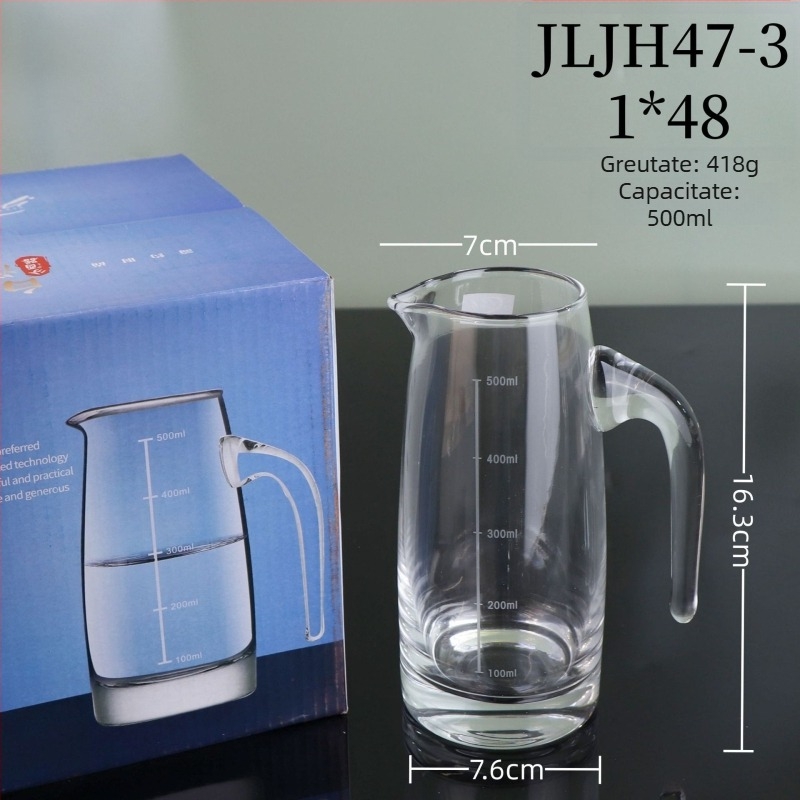 Decantor din sticlă pentru băuturi alcoolice, cu marcaje gradate pentru vin roșu și spirtoase, construcție îngroșată, uz casnic