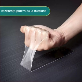 Bandă dublu adezivă acrilică, transparentă, cu aderență înaltă, fără reziduuri, impermeabilă, fixare puternică
