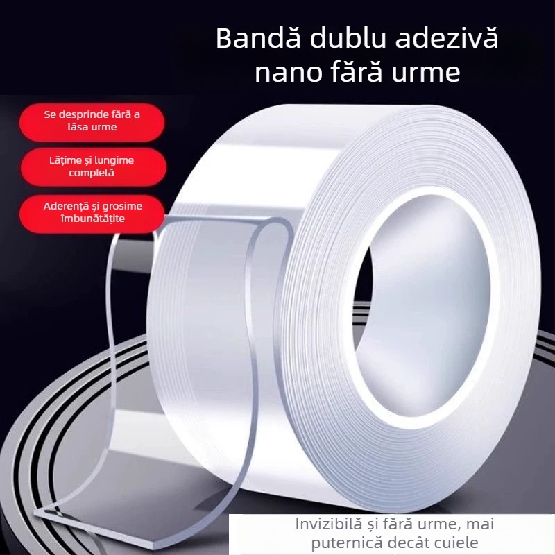 Bandă dublu adezivă acrilică, transparentă, cu aderență înaltă, fără reziduuri, impermeabilă, fixare puternică