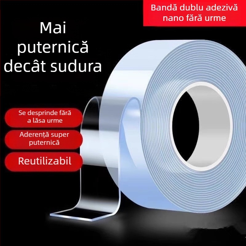 Bandă dublu adezivă acrilică, transparentă, cu aderență înaltă, fără reziduuri, impermeabilă, fixare puternică