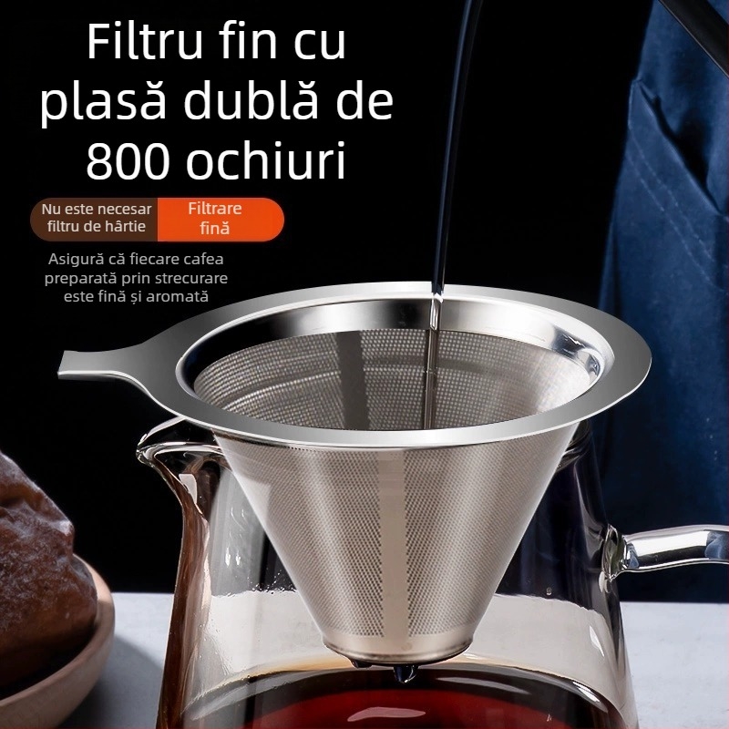 Set filtru cafea din oțel inoxidabil pentru pour-over, fără filtru de hârtie, filtru din plasă ultra-fină